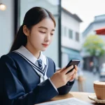 블루아카이브 서버 접속 문제 해결 - **Prompt:** A female student from Blue Archive, dressed in her standard school uniform, sitting at a...