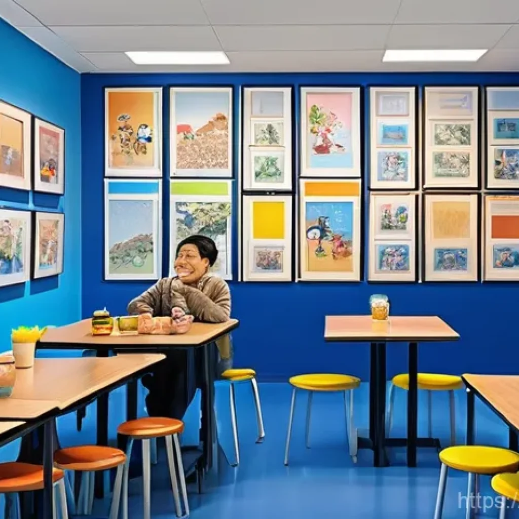 블루아카이브 팬아트 갤러리 - **A Vibrant Fan Art Gallery:** An indoor exhibition space bathed in warm, soft lighting, bustling wi...