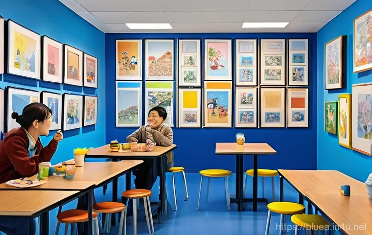 블루아카이브 팬아트 갤러리 - **A Vibrant Fan Art Gallery:** An indoor exhibition space bathed in warm, soft lighting, bustling wi...