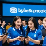 블루아카이브 과금 효율 분석 - **Prompt:** A group of diverse young adults and teenagers, all fully clothed in casual attire, are g...