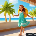 블루아카이브 백그라운드 설정 - A cheerful female student, dressed in a modest and cute summer dress, happily playing in a vibrant, ...